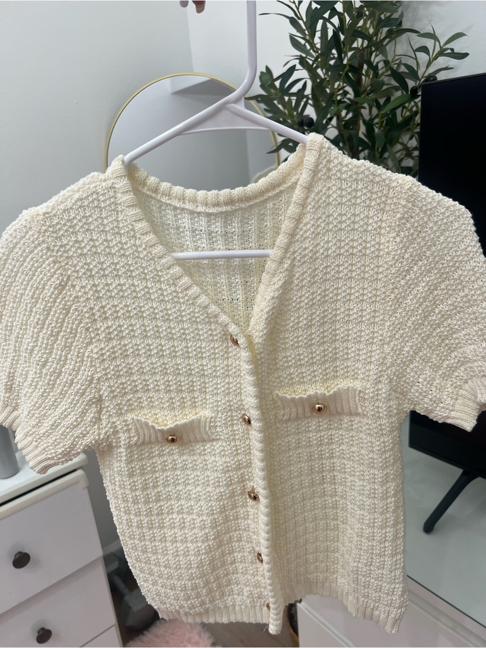 Cream Short-Sleeve Knit Cardigan Sweater - Picture 3 of 3